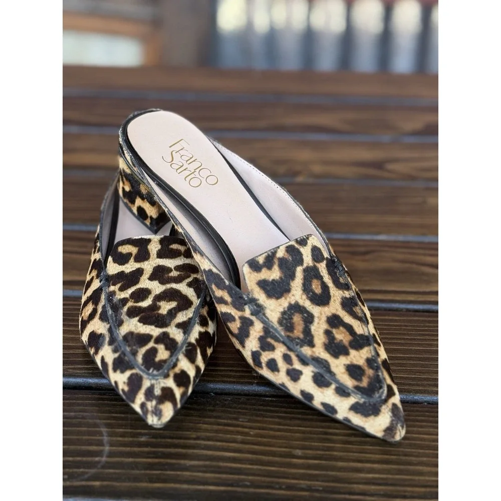 Franco Sarto black Tan leopard fur pointed toe flats 7 M‎